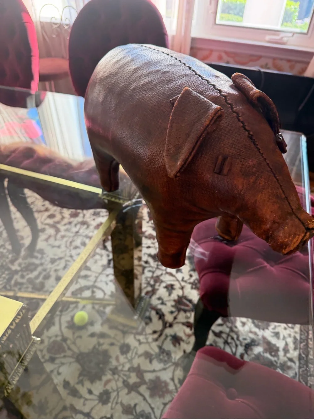 Vintage-Style Brown Leather Pig Accent - Home Dining Decor